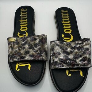 Juicy Couture Black Slides with Rhinestone Leopard Strap Sz 6M